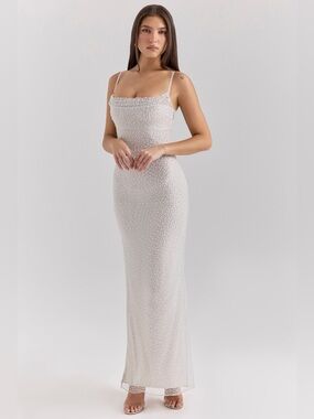House of CB CALLA Silver Pearl Embellished Maxi Dress NWOT